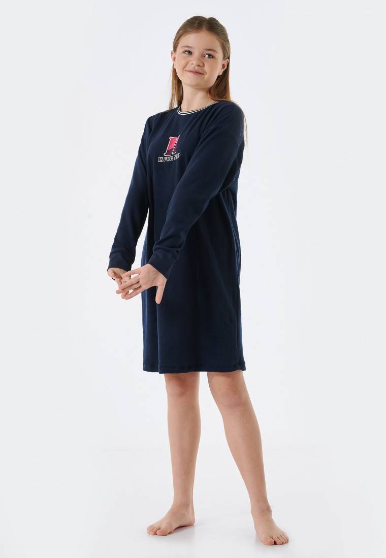 Schiesser Sleepshirt Langarm Fleece Bündchen Nachtblau - Teens Nightwear