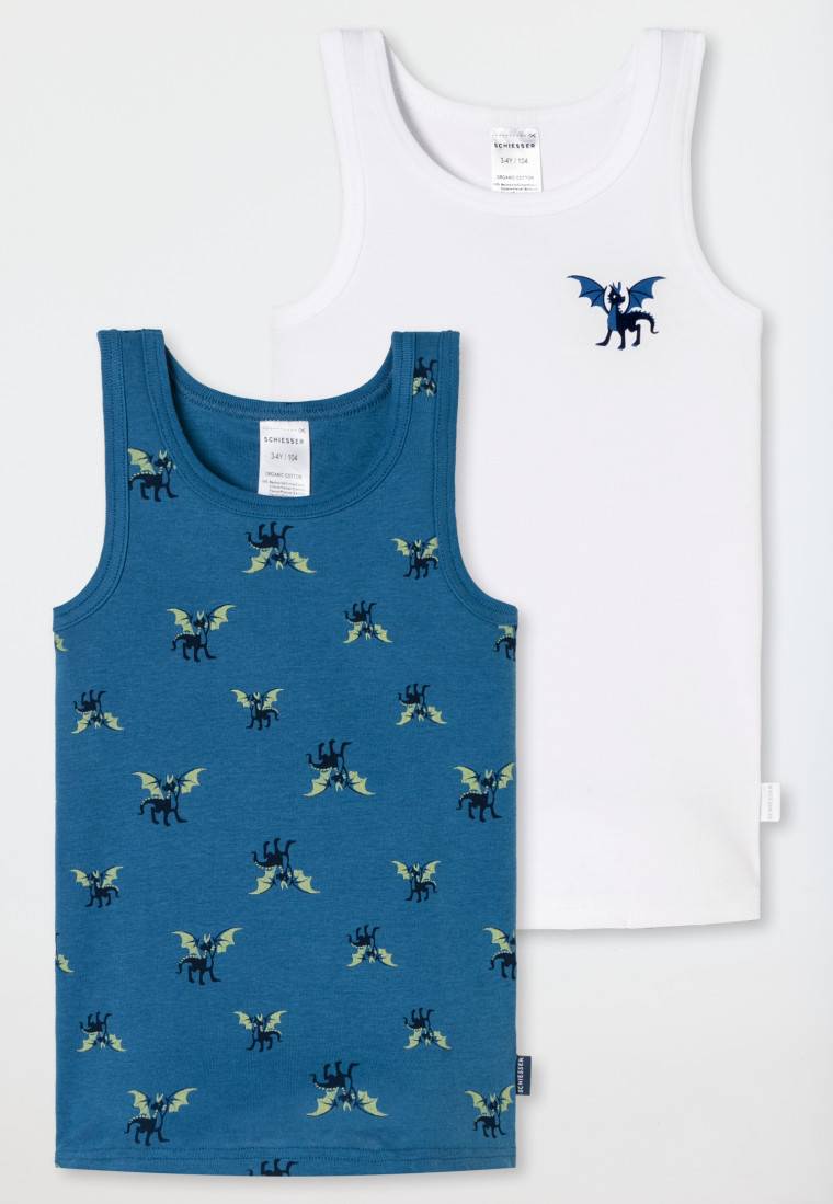 Schiesser Unterhemden 2er-Pack Drachendruck Blau/weiß - Fine Rib