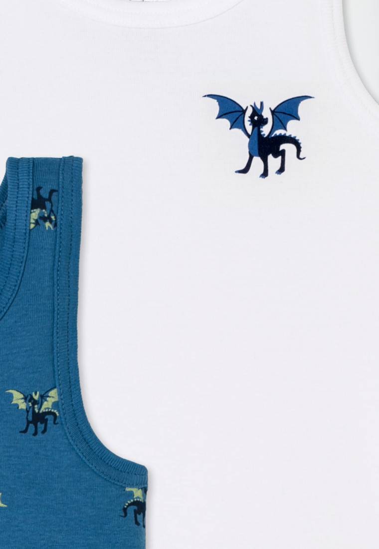 Schiesser Unterhemden 2er-Pack Drachendruck Blau/weiß - Fine Rib