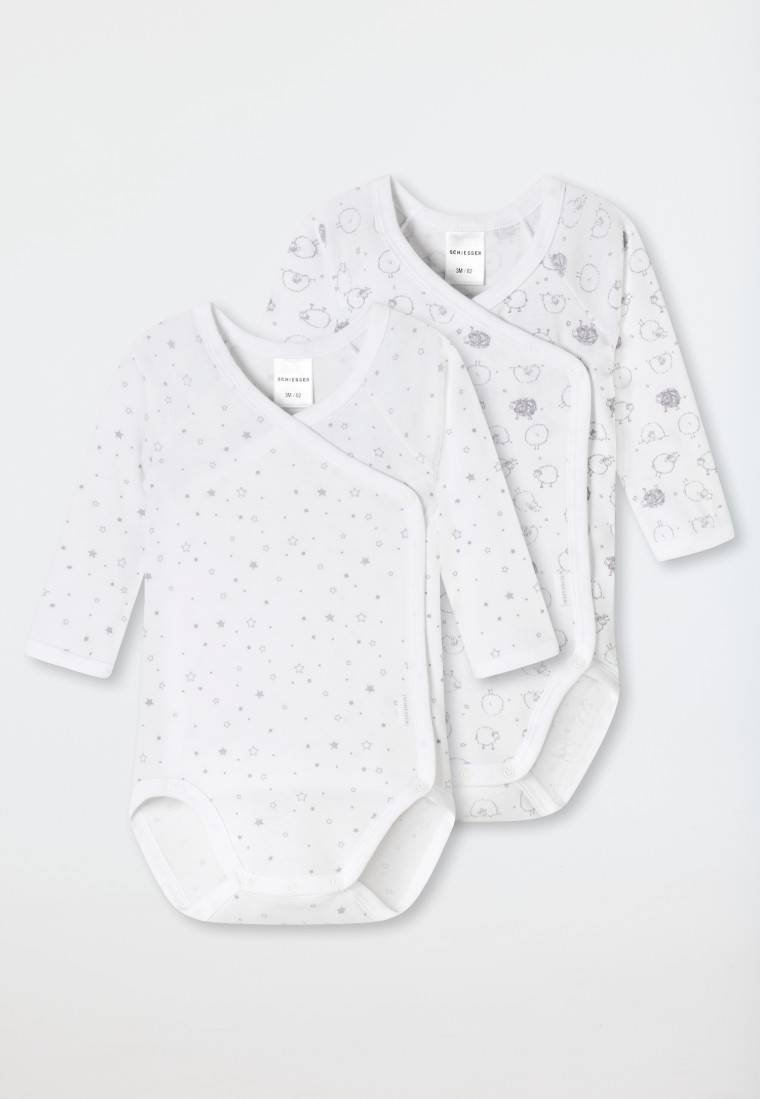 Schiesser Wickelbodys 2er-Pack Langarm Feinripp Organic Cotton Bedruckt Weiß/grau - Original Classics