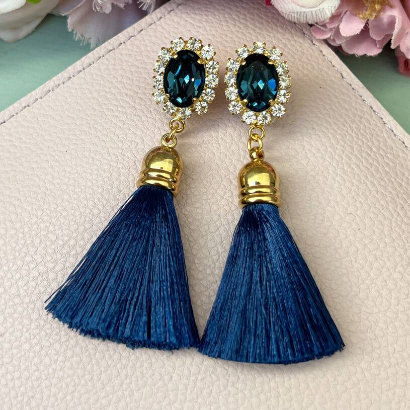 SchwesterSchwester Edel Funkelnde Ohrstecker In Dunkelblau Mit Quaste