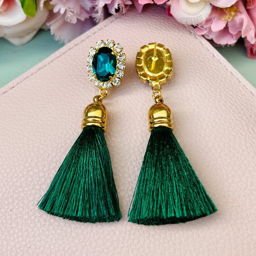 SchwesterSchwester Edel Funkelnde Ohrstecker In Dunkelgrün Mit Quaste