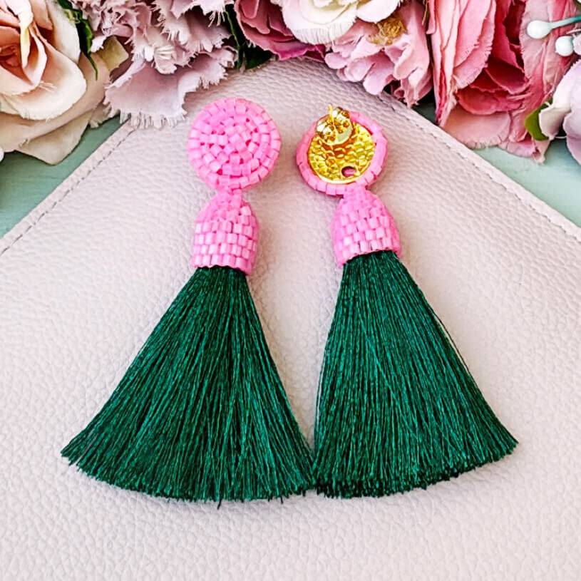 SchwesterSchwester Extravagante Perlen-Quastenohrringe In Rosa Und Dunkelgrün