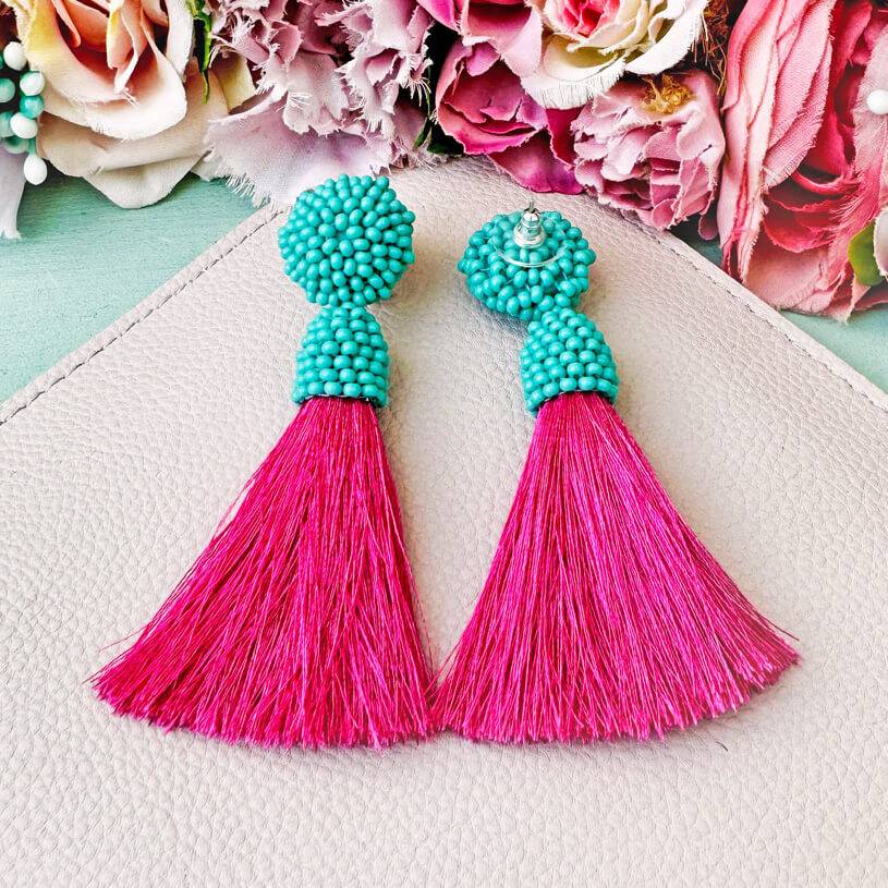 SchwesterSchwester Farbenfrohe Perlen-Quastenohrringe In Türkis Und Pink