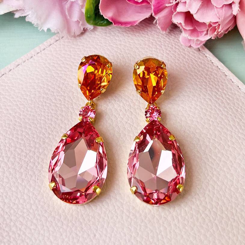SchwesterSchwester Funkelnde Ohrstecker mit Glas-Kristallen in Orange und Rosa