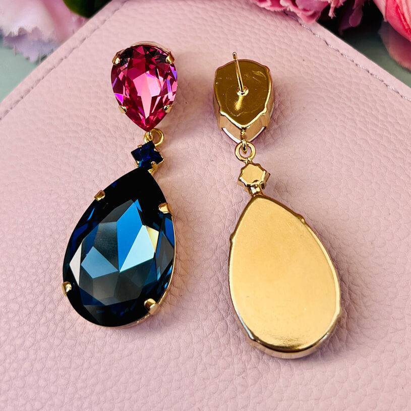 SchwesterSchwester Funkelnde Ohrstecker Mit Glas-Kristallen In Pink Und Dunkelblau