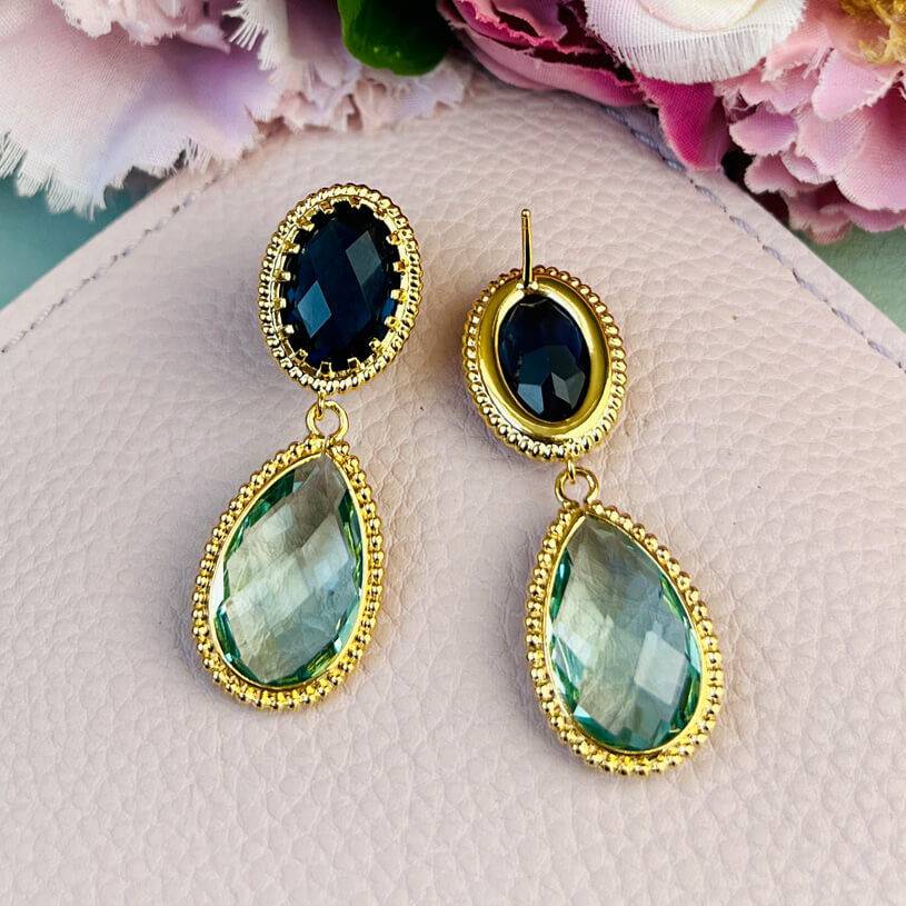 SchwesterSchwester Funkelnde Tropfenohrringe In Dunkelblau Und Lindgrün