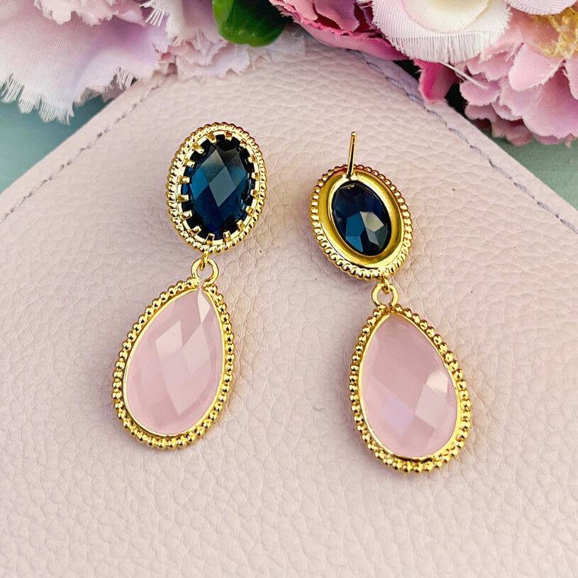 SchwesterSchwester Funkelnde Tropfenohrringe In Dunkelblau Und Zartrosa