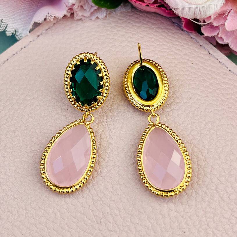 SchwesterSchwester Funkelnde Tropfenohrringe In Dunkelgrün Und Zartrosa