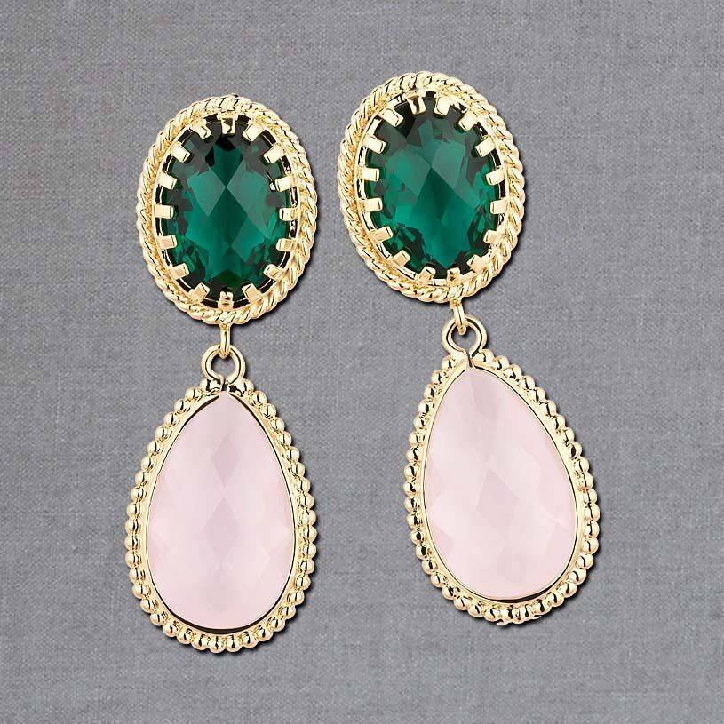 SchwesterSchwester Funkelnde Tropfenohrringe In Dunkelgrün Und Zartrosa