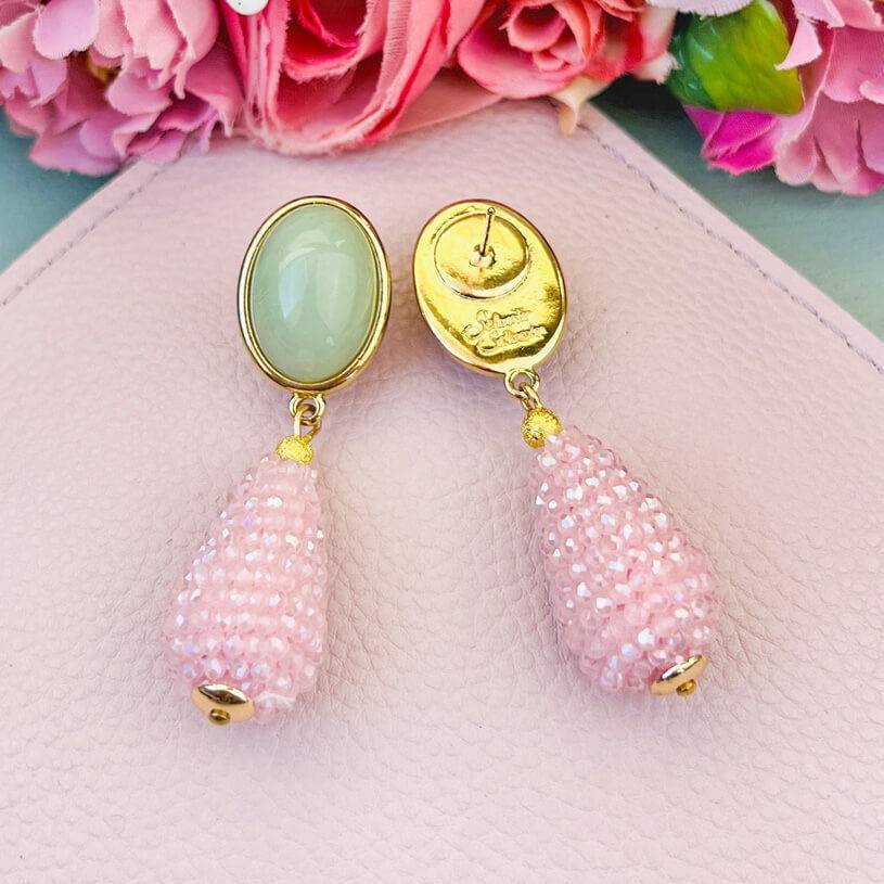 SchwesterSchwester Jadegrüne Tropfen-Ohrringe Mit Rosafarbenen Funkelndem Tropfen