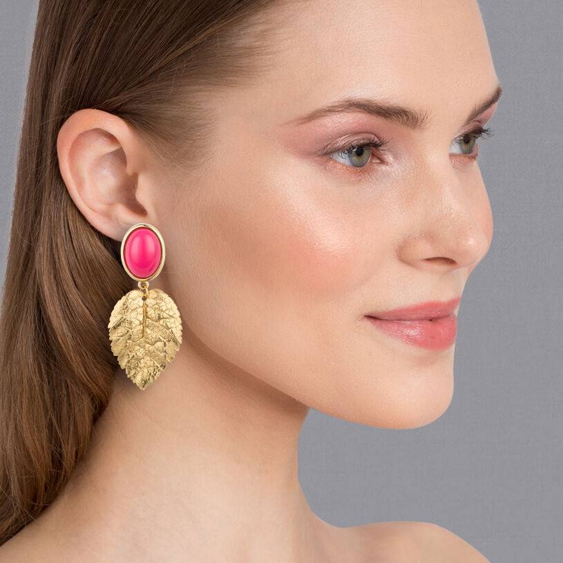 SchwesterSchwester Pinkfarbener Ohrstecker Mit Vergoldeten Blatt Von AmuseToi