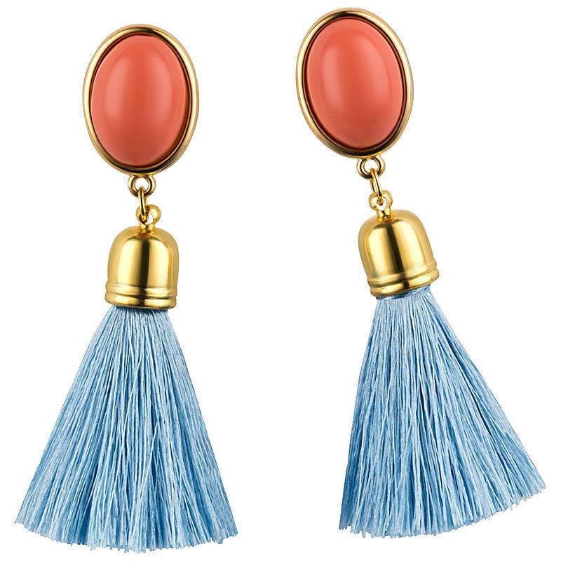 SchwesterSchwester Quasten Ohrringe Als Ohrstecker In Korallenrot Mit Hellblauer Quaste Von AmuseToi