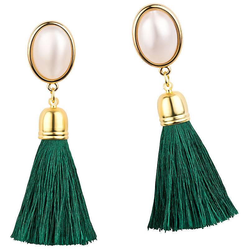 SchwesterSchwester Quasten Ohrringe Als Ohrstecker In Perlmuttoptik Mit Dunkelgrüner Quaste Von AmuseToi