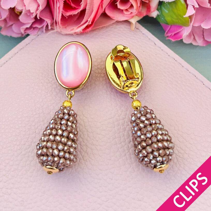SchwesterSchwester Rosafarbene Ohrclsip Mit Glitzerndem Champagnerfarbenem Tropfen