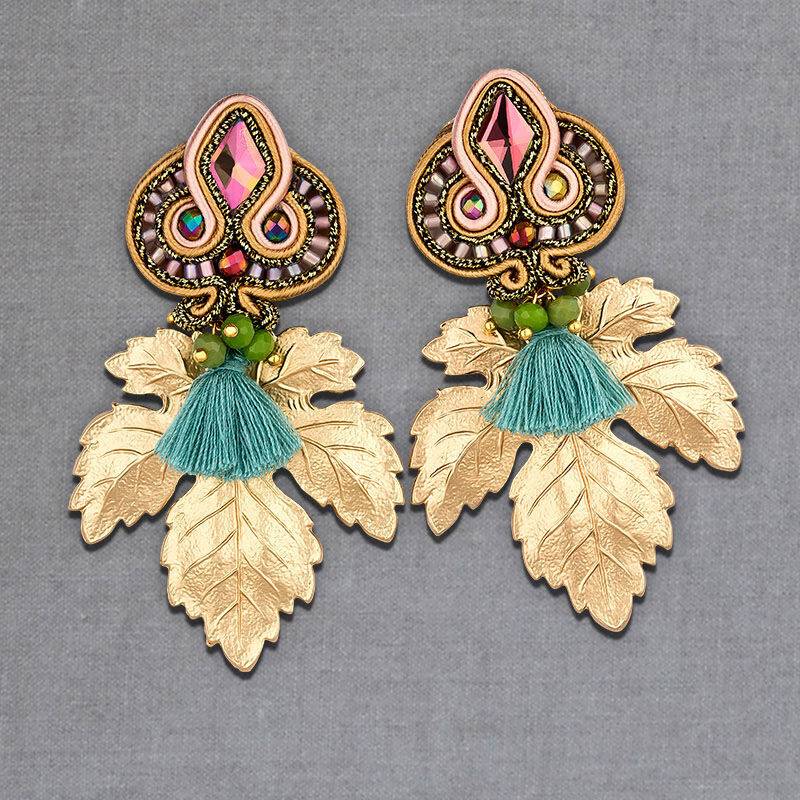 SchwesterSchwester Rosafarbene Soutache-Ohrstecker Kleinen Hellblauen Quasten Und Goldenen Blättern