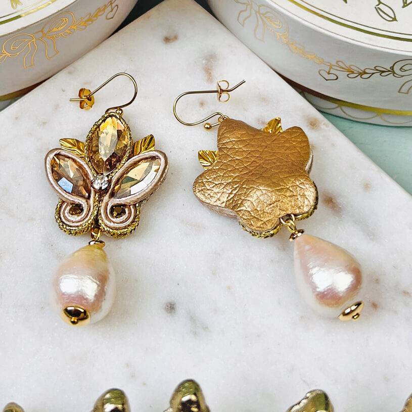 SchwesterSchwester Schöne Soutache-Ohrhänger In Champagner Und Gold Mit Baumwolltropfen