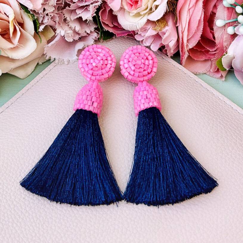 SchwesterSchwester Set Aus Rosa-dunkelblauen Perlen-Quastenohrringen Und Samt-Haarreif In Dunkelblau