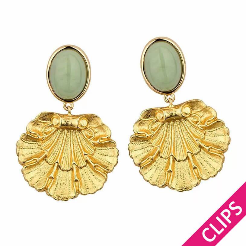 SchwesterSchwester Vergoldete Ohrclips In Jadegrün Mit Goldenem Muschelornament Von AmuseToi
