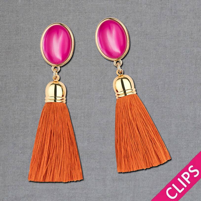 SchwesterSchwester Vergoldete Ohrclips In Pink Mit Quaste In Rostorange Von AmuseToi