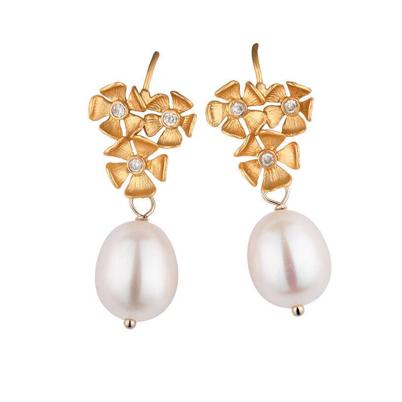 SchwesterSchwester Vergoldete Ohrhänger Mit Drei Blüten Und Edler Süßwasserperle