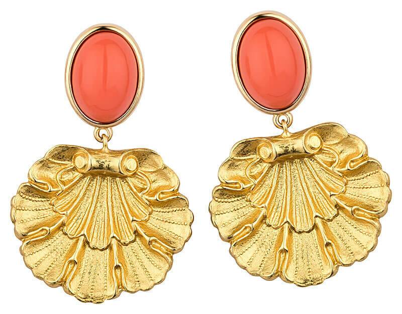 SchwesterSchwester Vergoldete Ohrstecker In Korallenrot Mit Muschel-Ornament Von AmuseToi