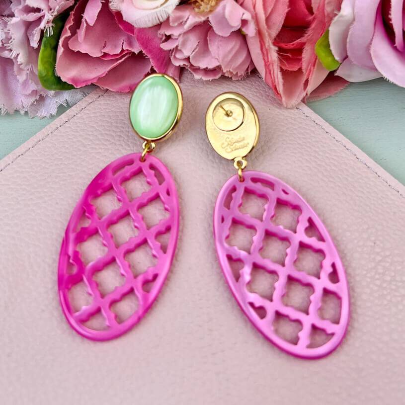 SchwesterSchwester Vergoldete Ohrstecker In Wunderschönem Hellgrün Mit Oval In Pink Im Marrakesch-Stil