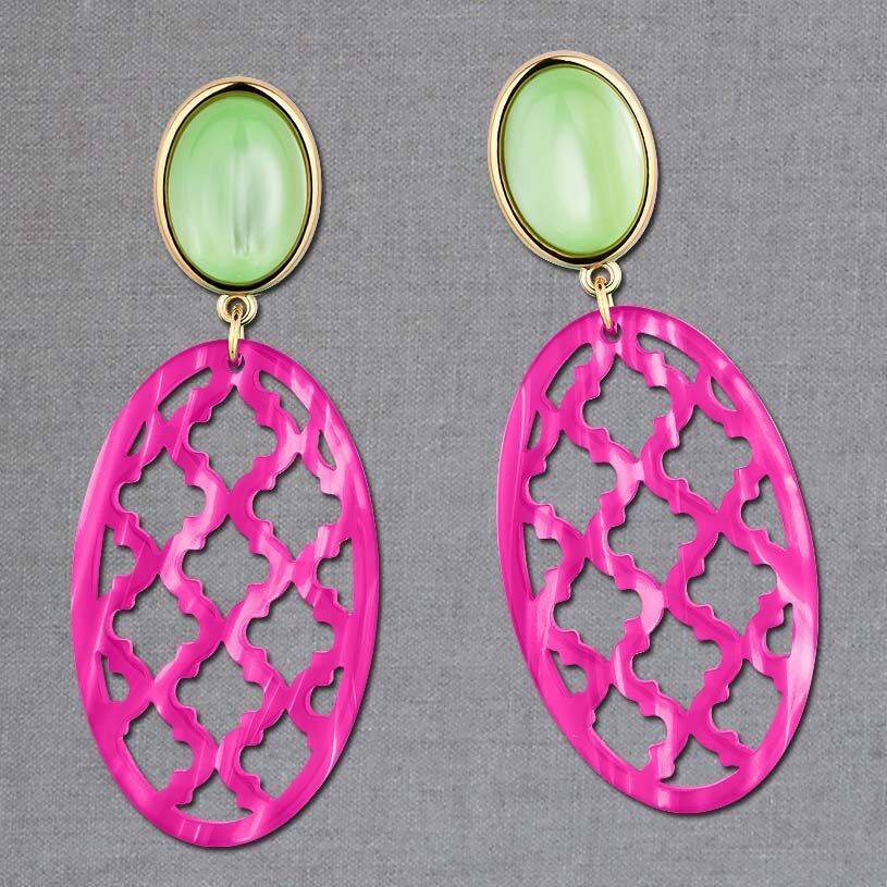 SchwesterSchwester Vergoldete Ohrstecker In Wunderschönem Hellgrün Mit Oval In Pink Im Marrakesch-Stil