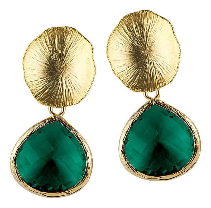 SchwesterSchwester Vergoldetes Lotusblatt Als Ohrstecker Mit Funkelndem Tropfen In Smaragdgrün