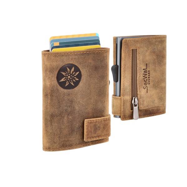 SecWal Kartenetui mit Münzfach Reißverschluss Geldbörse geprägt aus Leder