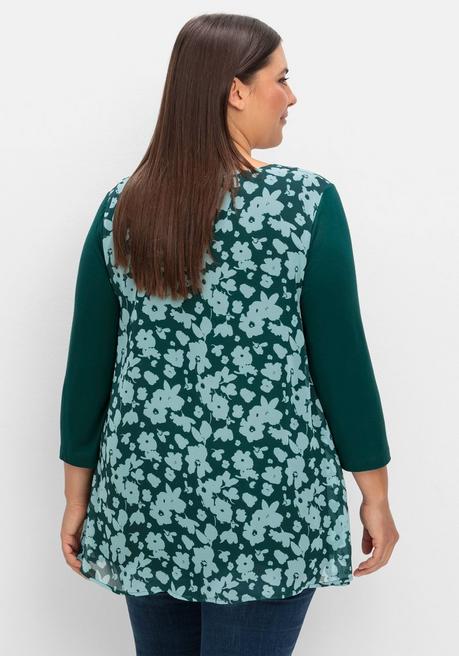 Sheego 2-in-1-Blusenshirt Mit Bedrucktem Chiffon - Tiefgrün Gemustert Sheego