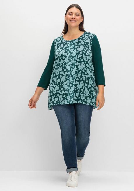 Sheego 2-in-1-Blusenshirt Mit Bedrucktem Chiffon - Tiefgrün Gemustert Sheego