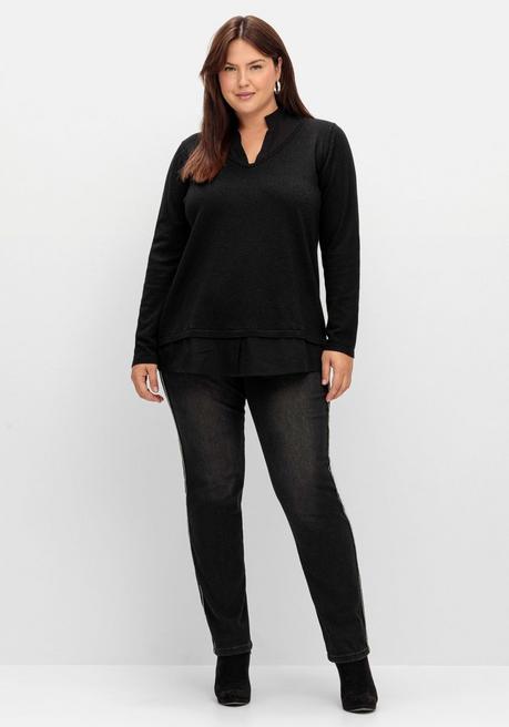 Sheego 2-in-1-Pullover Mit V-Ausschnitt Und Glitzergarn - Schwarz Sheego