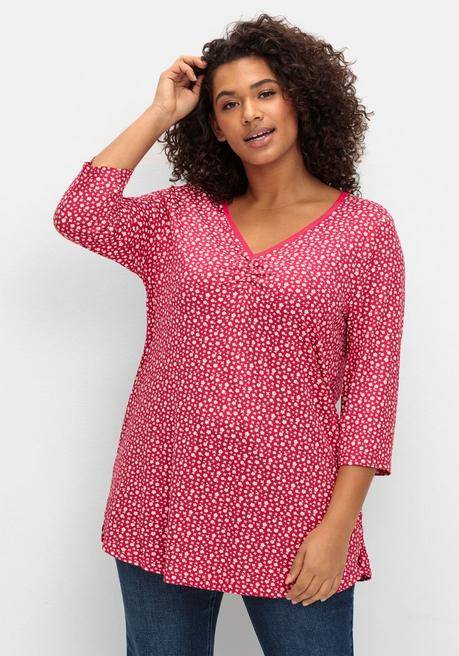 sheego 3/4-Arm-Shirt mit Blumendruck und V-Ausschnitt - magenta gemustert sheego