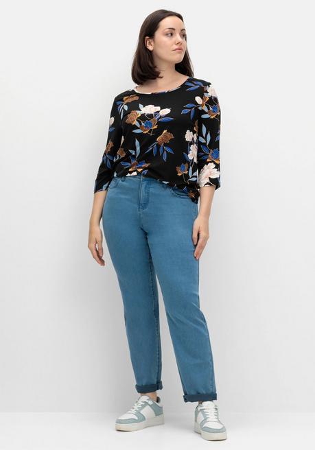 Sheego 3/4-Arm-Shirt Mit Blumenprint, Aus Viskosejersey - Blau Gemustert Sheego