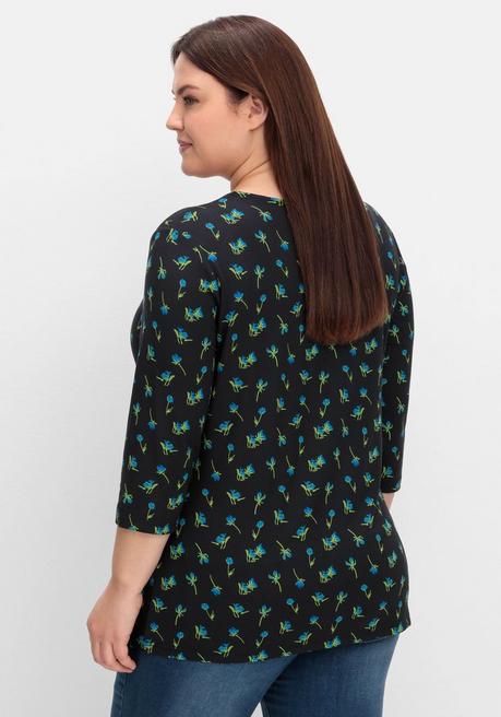 Sheego 3/4-Arm-Shirt Mit Blumenprint Und Herzausschnitt - Schwarz Gemustert Sheego