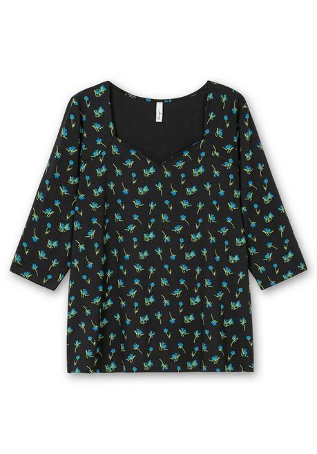 Sheego 3/4-Arm-Shirt Mit Blumenprint Und Herzausschnitt - Schwarz Gemustert Sheego