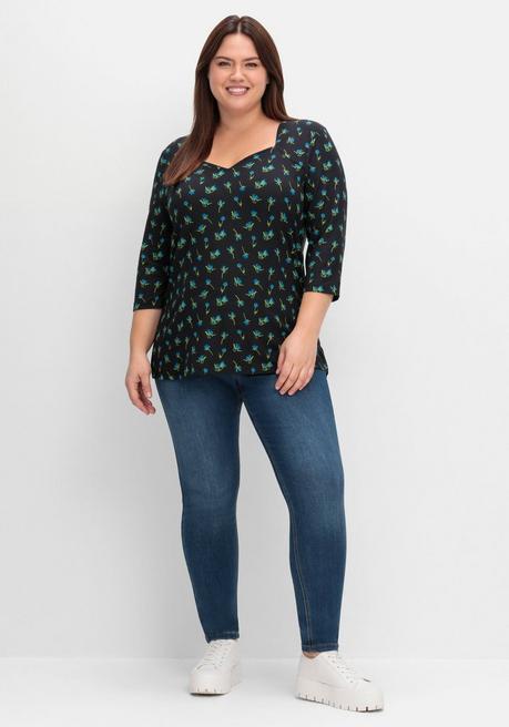 Sheego 3/4-Arm-Shirt Mit Blumenprint Und Herzausschnitt - Schwarz Gemustert Sheego