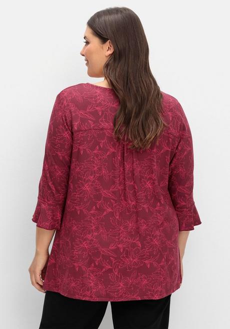 Sheego 3/4-Arm-Shirt Mit Blumenprint Und Knopfleiste - Weinrot Gemustert Sheego