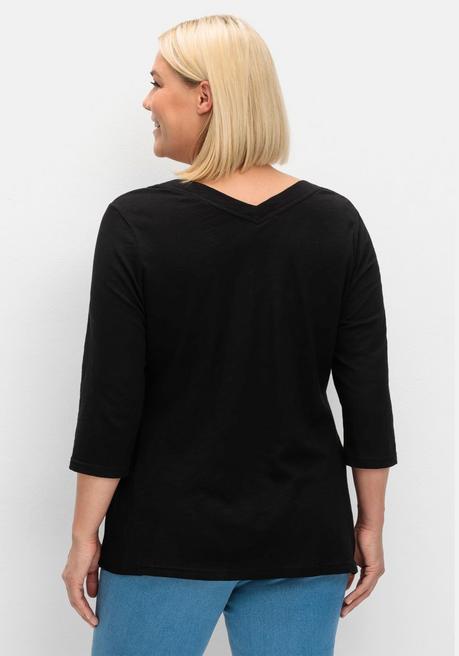 Sheego 3/4-Arm-Shirt Mit Einsatz Aus Blusenstoff Seitlich - Schwarz Sheego