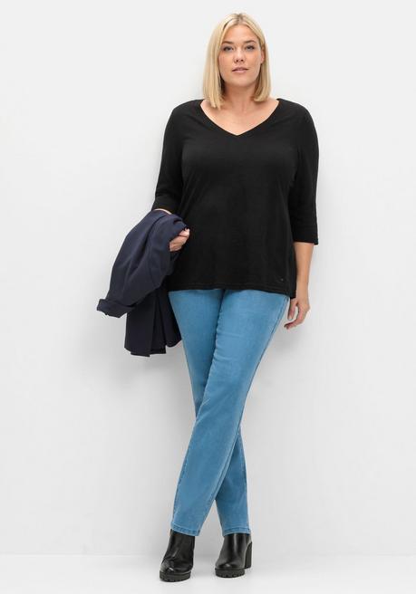 Sheego 3/4-Arm-Shirt Mit Einsatz Aus Blusenstoff Seitlich - Schwarz Sheego