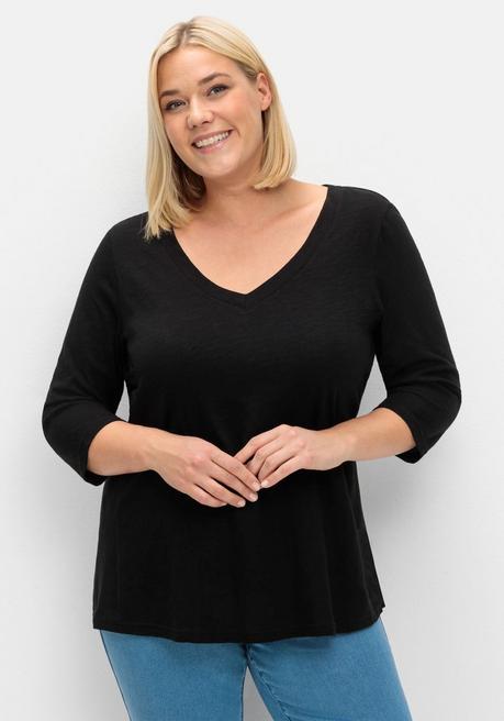 sheego 3/4-Arm-Shirt mit Einsatz aus Blusenstoff seitlich - schwarz sheego