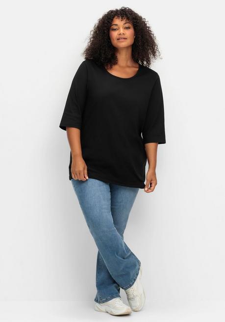 Sheego 3/4-Arm-Shirt Mit Rundhalsausschnitt, Gerade Schnittform - Schwarz Sheego