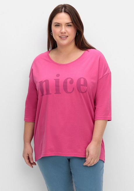sheego 3/4-Arm-Shirt mit Wordingprint, leicht oversized - dunkelpink bedruckt sheego