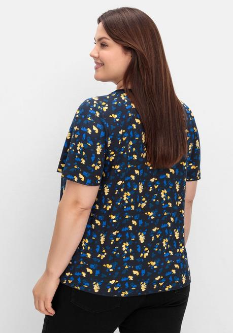 Sheego A-Linien-Shirt Mit Kellerfalten Und Blumendruck - Tiefblau Gemustert Sheego