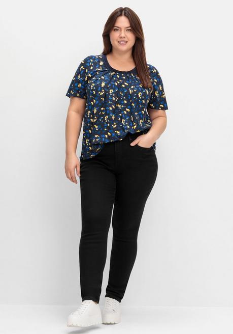 Sheego A-Linien-Shirt Mit Kellerfalten Und Blumendruck - Tiefblau Gemustert Sheego