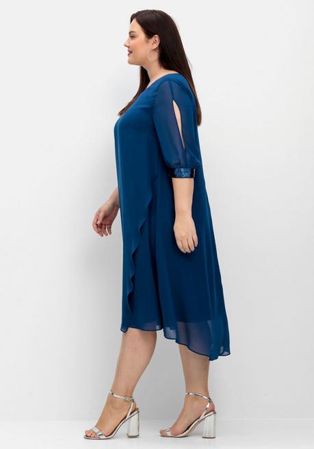 Sheego Abendkleid Aus Georgette, Mit Geschlitztem Ärmel - Blau Sheego