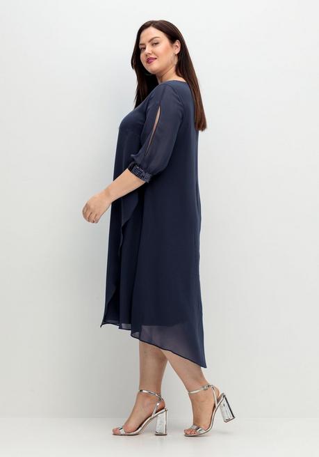 Sheego Abendkleid Aus Georgette, Mit Geschlitztem Ärmel - Tiefblau Sheego