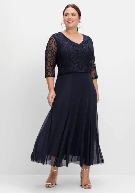 Sheego Abendkleid Aus Mesh, Mit Zierborten - Tiefblau Sheego