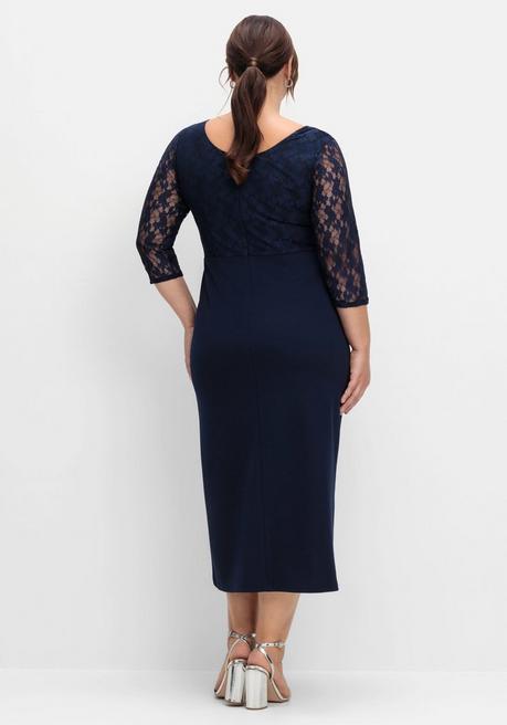 Sheego Abendkleid In Wickeloptik, Mit Spitze Und 3/4 Arm - Marine Sheego